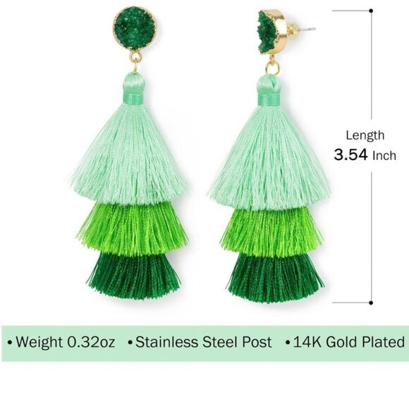 14K Yellow Gold with Blue Ombre Silk Thread Tassel and Quartz Druzy Earrings - Picture 6 of 8